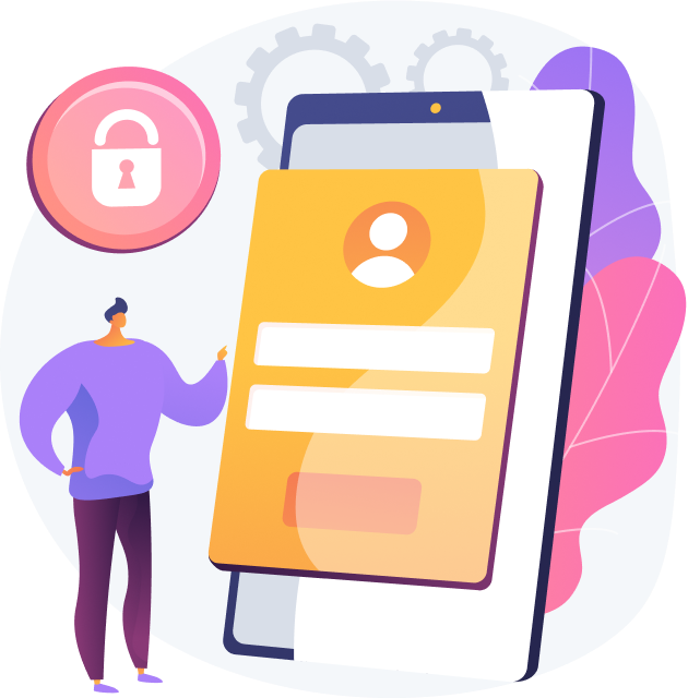 Modern illustration showing a person with a smartphone displaying a login interface, surrounded by security icons including a lock symbol and colorful abstract shapes in purple and pink tones